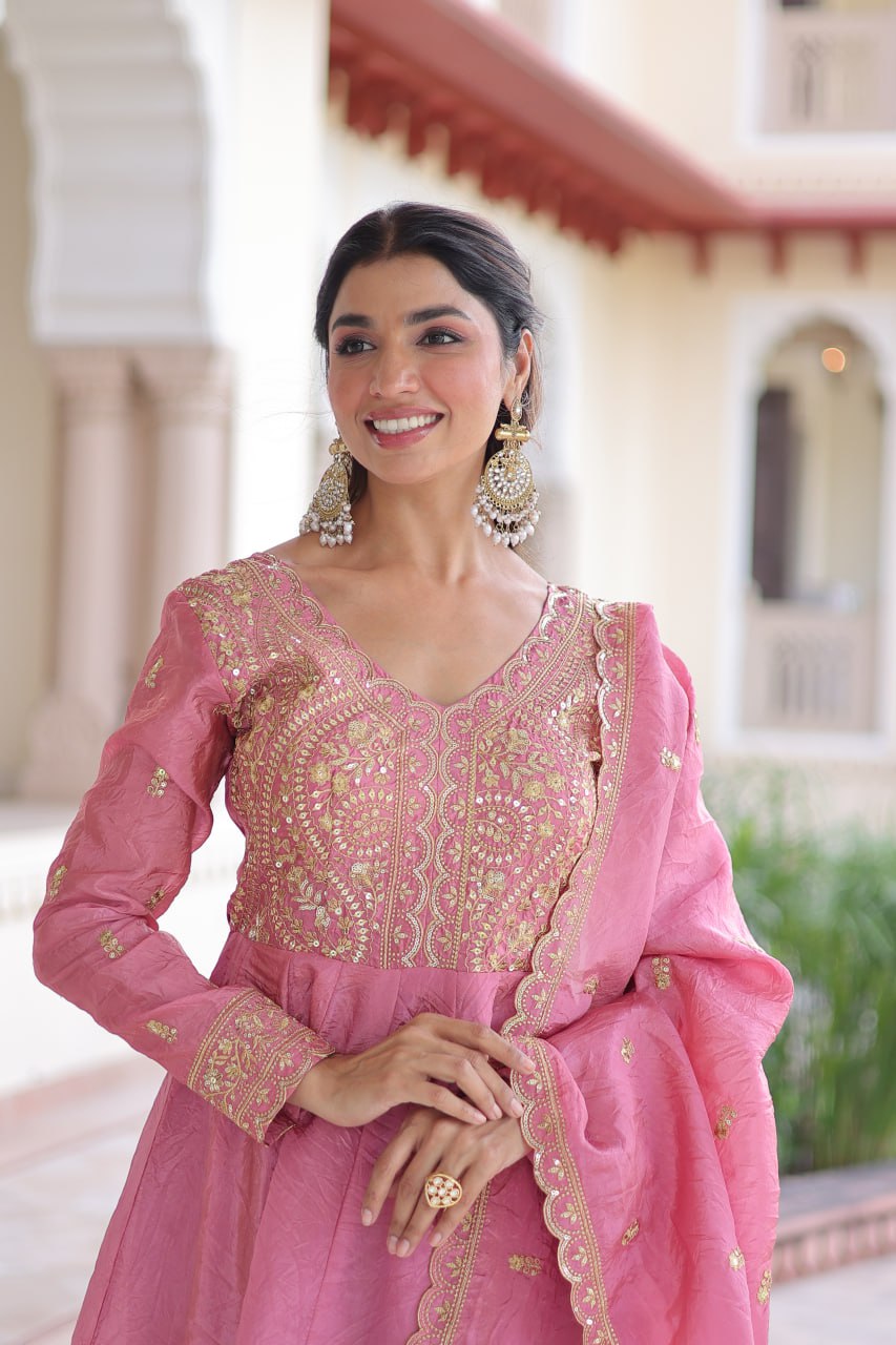 Pink Gold Crush Anarkali Gown
