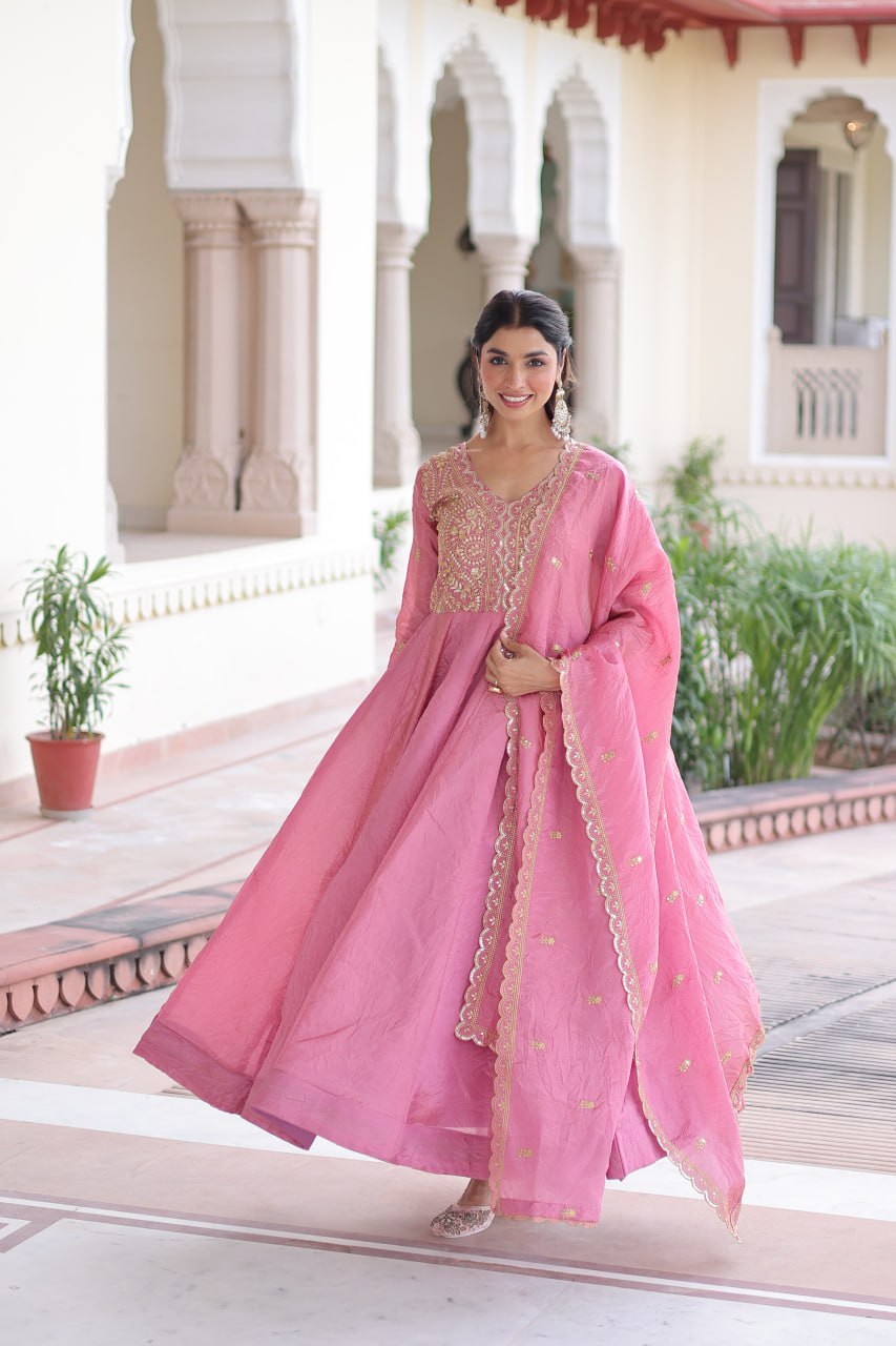 Pink Gold Crush Anarkali Gown