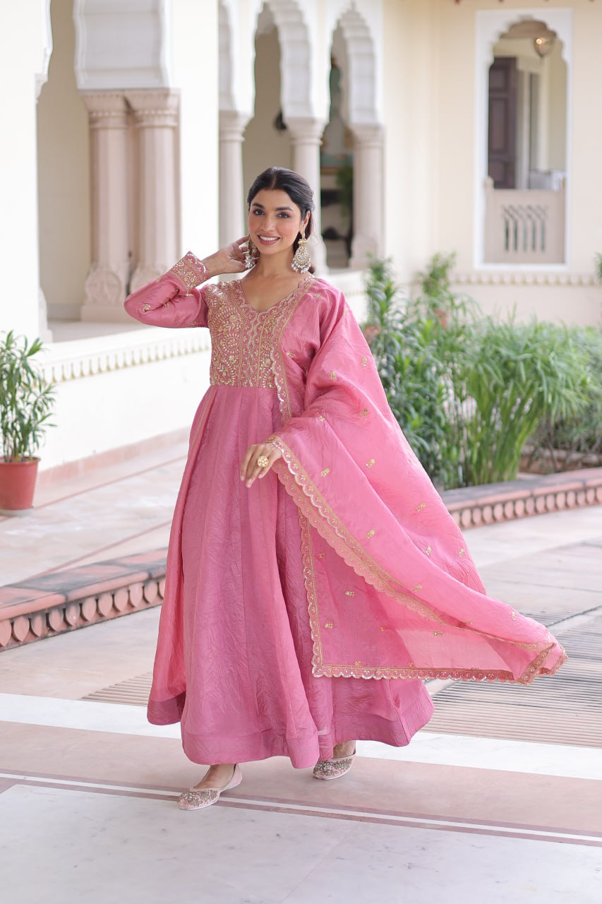 Pink Gold Crush Anarkali Gown