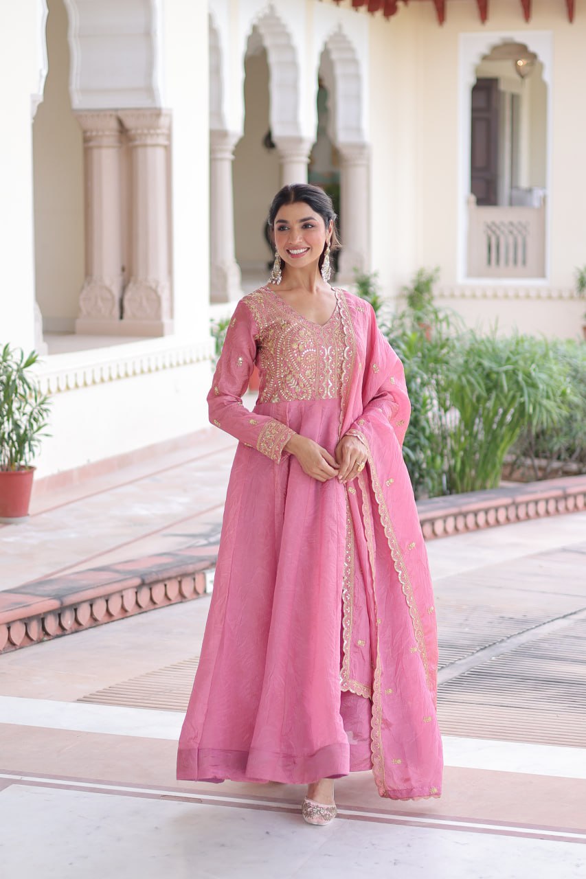 Pink Gold Crush Anarkali Gown