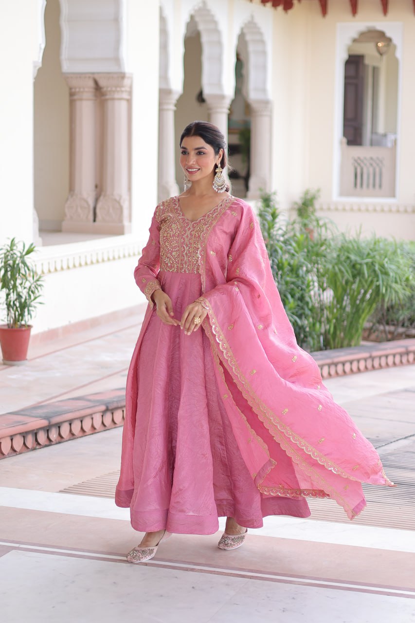 Pink Gold Crush Anarkali Gown