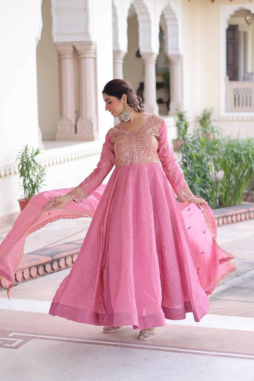 Pink Gold Crush Anarkali Gown