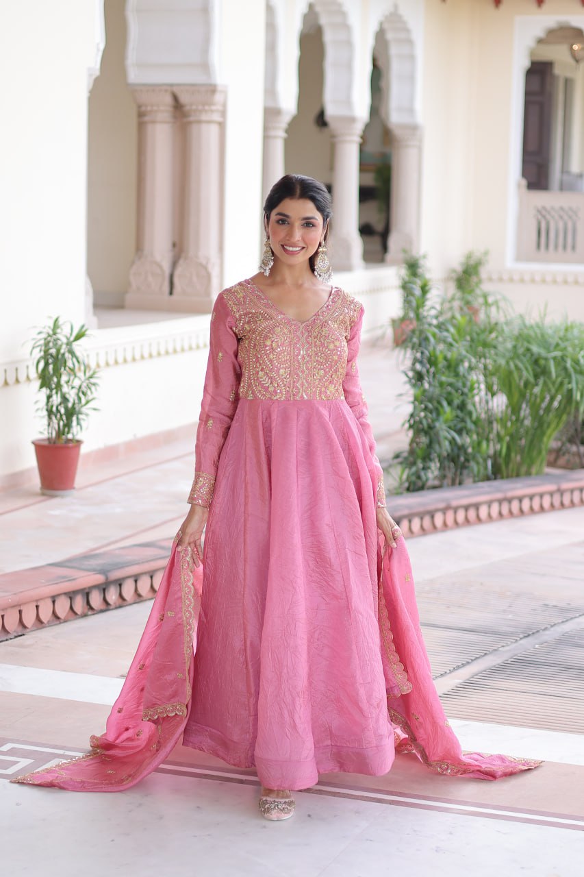 Pink Gold Crush Anarkali Gown
