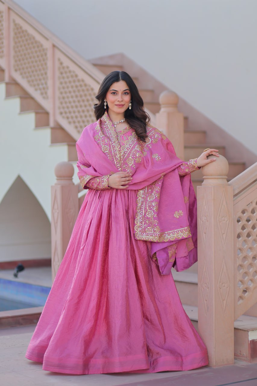 Pink Gold Crush Fabric Embroidered Gown Set with Matching Dupatta – Sequins & Multi Thread Work