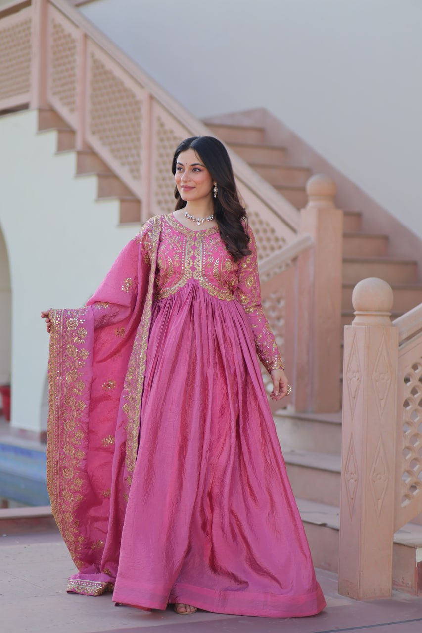 Pink Gold Crush Fabric Embroidered Gown Set with Matching Dupatta – Sequins & Multi Thread Work