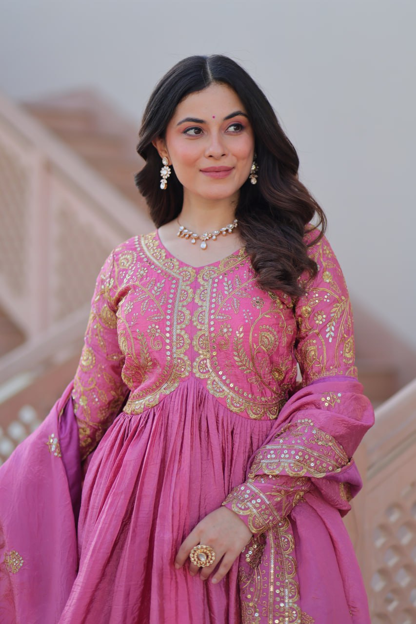 Pink Gold Crush Fabric Embroidered Gown Set with Matching Dupatta – Sequins & Multi Thread Work