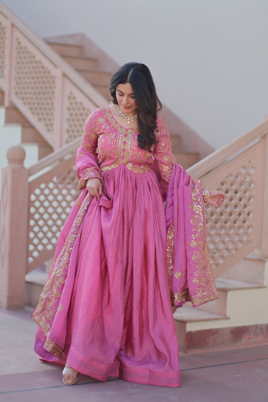 Pink Gold Crush Fabric Embroidered Gown Set with Matching Dupatta – Sequins & Multi Thread Work