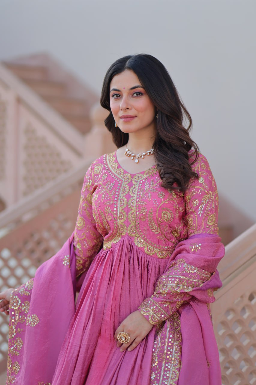 Pink Gold Crush Fabric Embroidered Gown Set with Matching Dupatta – Sequins & Multi Thread Work
