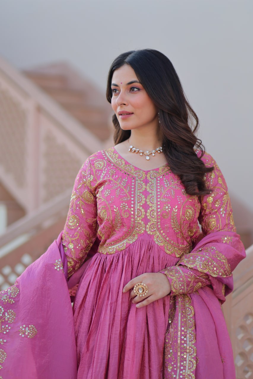 Pink Gold Crush Fabric Embroidered Gown Set with Matching Dupatta – Sequins & Multi Thread Work