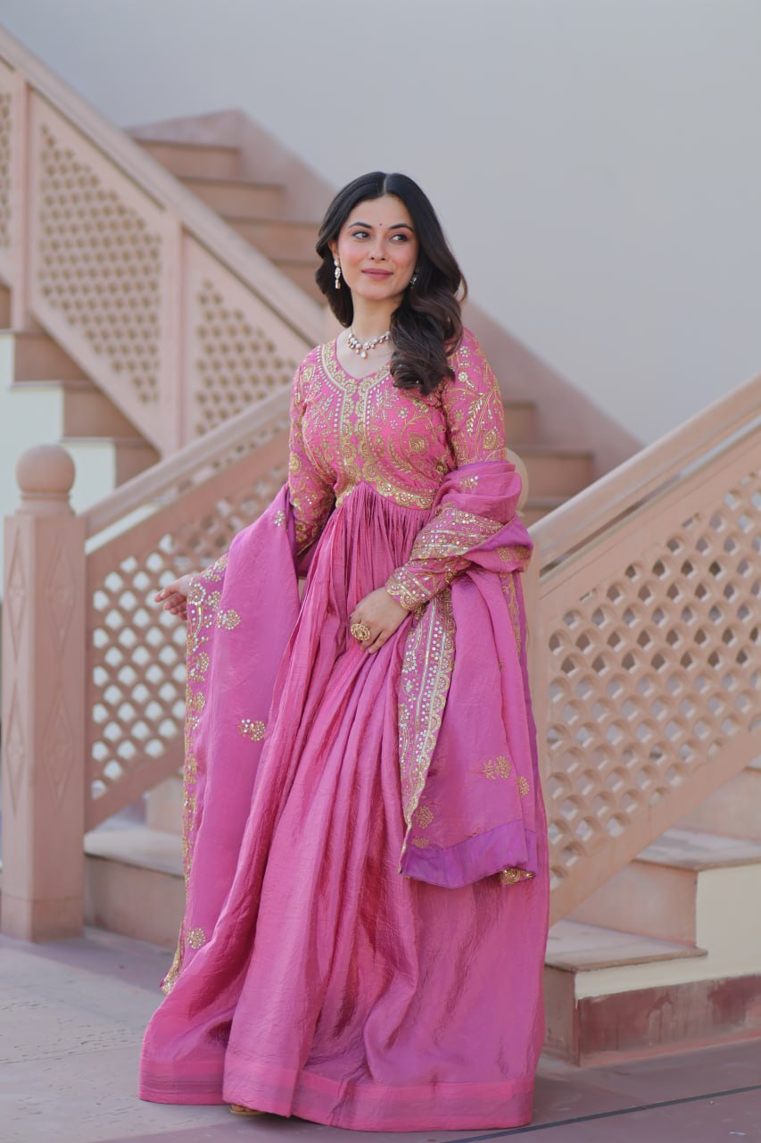 Pink Gold Crush Fabric Embroidered Gown Set with Matching Dupatta – Sequins & Multi Thread Work