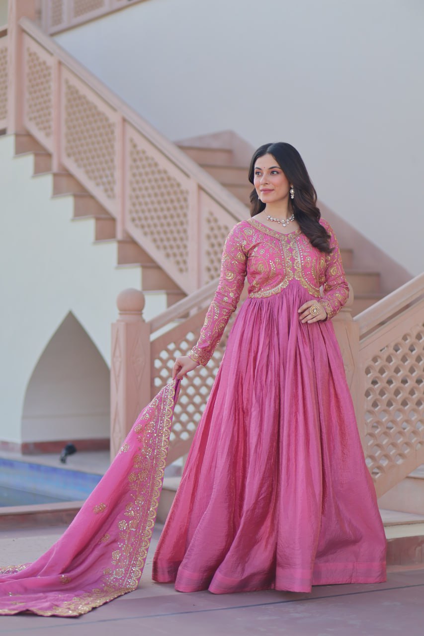 Pink Gold Crush Fabric Embroidered Gown Set with Matching Dupatta – Sequins & Multi Thread Work