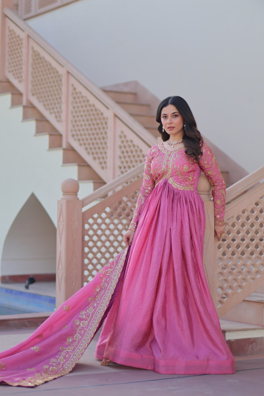 Pink Gold Crush Fabric Embroidered Gown Set with Matching Dupatta – Sequins & Multi Thread Work