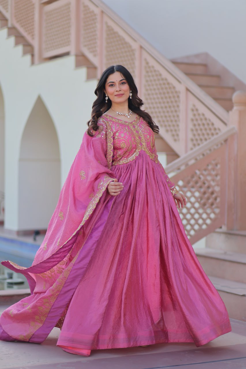 Pink Gold Crush Fabric Embroidered Gown Set with Matching Dupatta – Sequins & Multi Thread Work