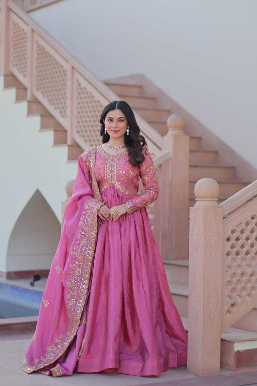 Pink Gold Crush Fabric Embroidered Gown Set with Matching Dupatta – Sequins & Multi Thread Work