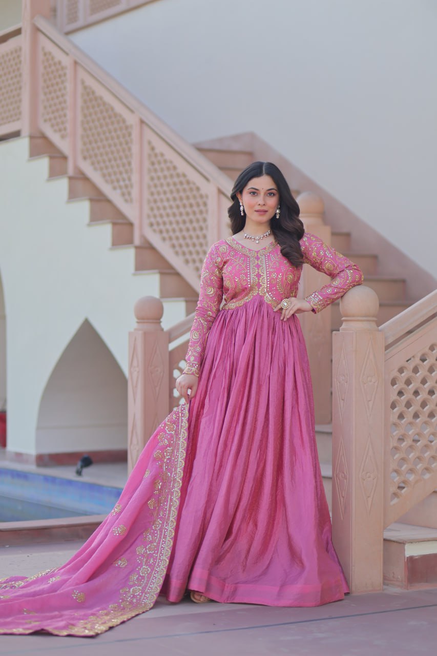 Pink Gold Crush Fabric Embroidered Gown Set with Matching Dupatta – Sequins & Multi Thread Work