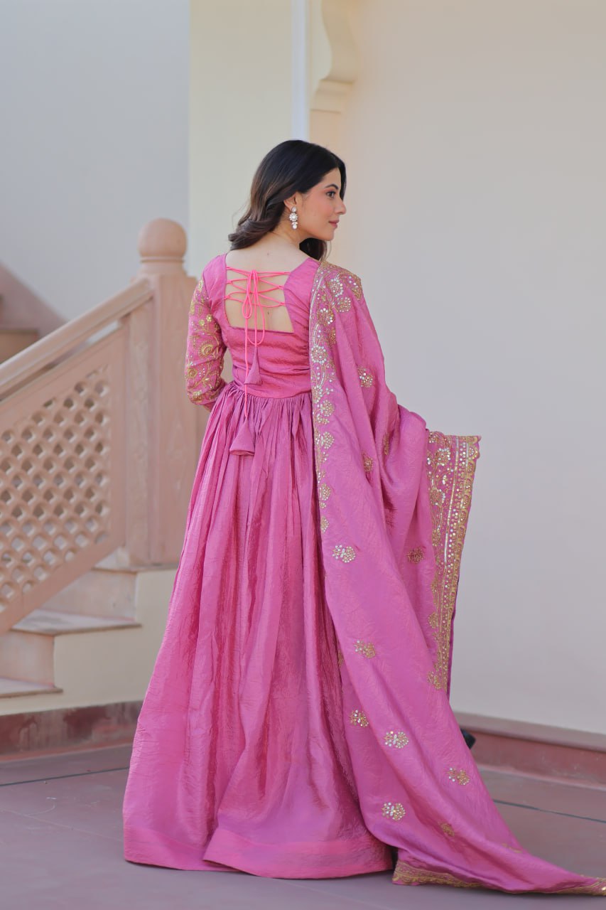Pink Gold Crush Fabric Embroidered Gown Set with Matching Dupatta – Sequins & Multi Thread Work