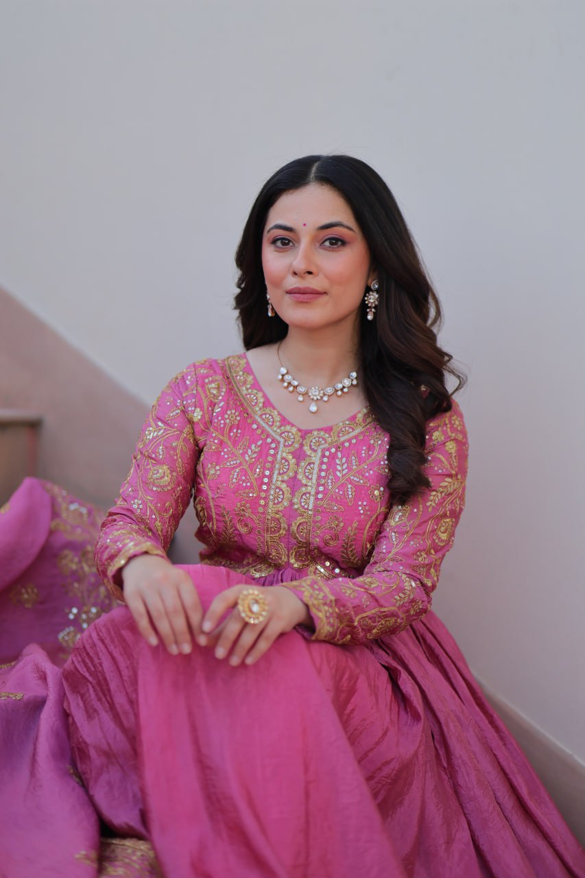 Pink Gold Crush Fabric Embroidered Gown Set with Matching Dupatta – Sequins & Multi Thread Work