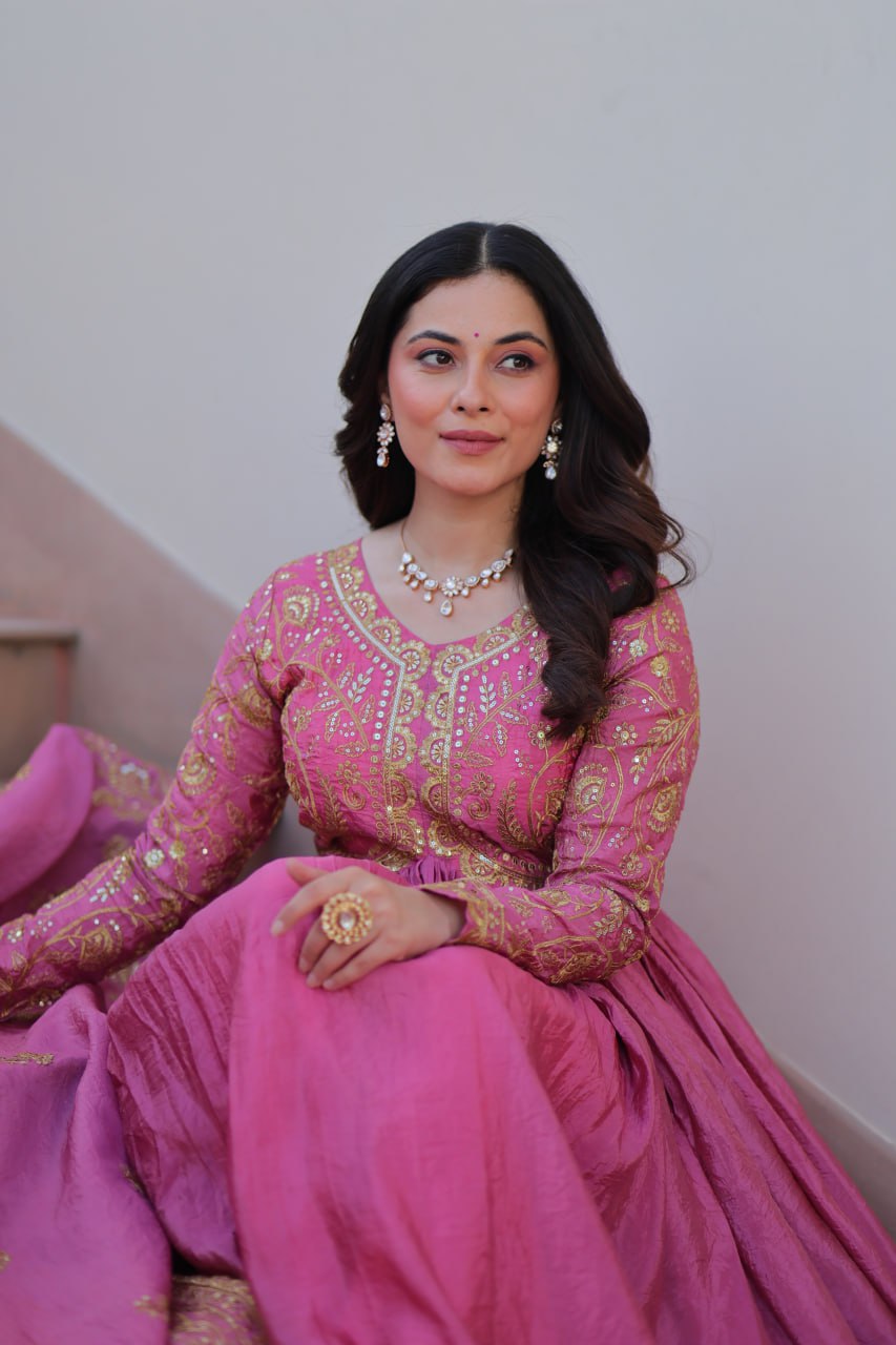 Pink Gold Crush Fabric Embroidered Gown Set with Matching Dupatta – Sequins & Multi Thread Work