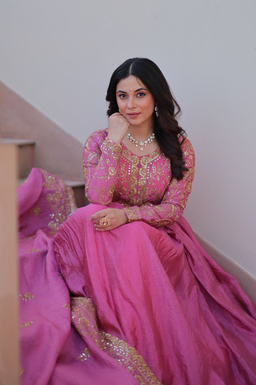Pink Gold Crush Fabric Embroidered Gown Set with Matching Dupatta – Sequins & Multi Thread Work