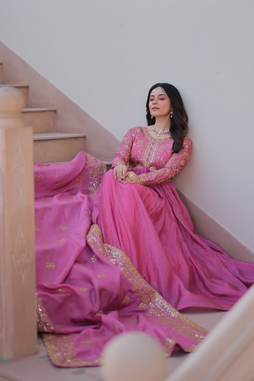 Pink Gold Crush Fabric Embroidered Gown Set with Matching Dupatta – Sequins & Multi Thread Work