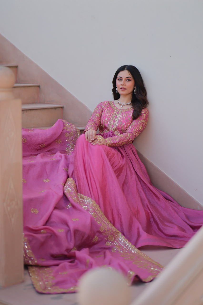 Pink Gold Crush Fabric Embroidered Gown Set with Matching Dupatta – Sequins & Multi Thread Work
