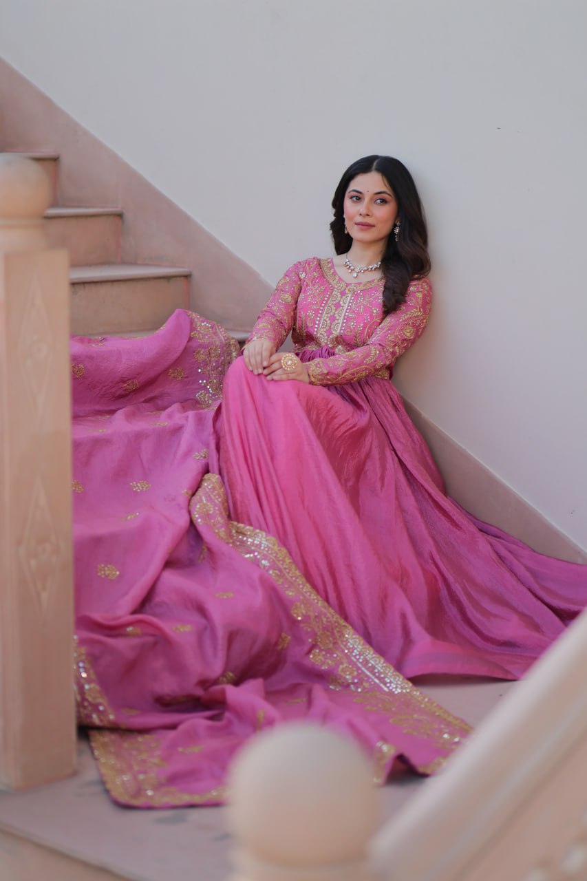 Pink Gold Crush Fabric Embroidered Gown Set with Matching Dupatta – Sequins & Multi Thread Work