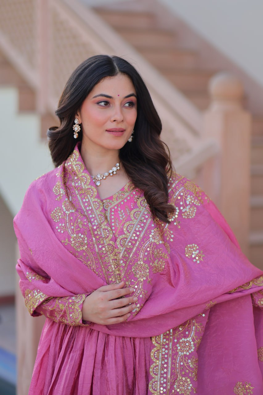 Pink Gold Crush Fabric Embroidered Gown Set with Matching Dupatta – Sequins & Multi Thread Work
