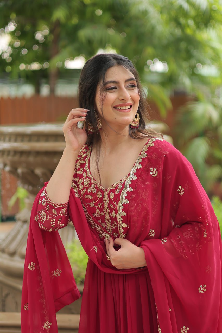 Pink Gown with Dupatta Faux Blooming & Sequins Embroidery