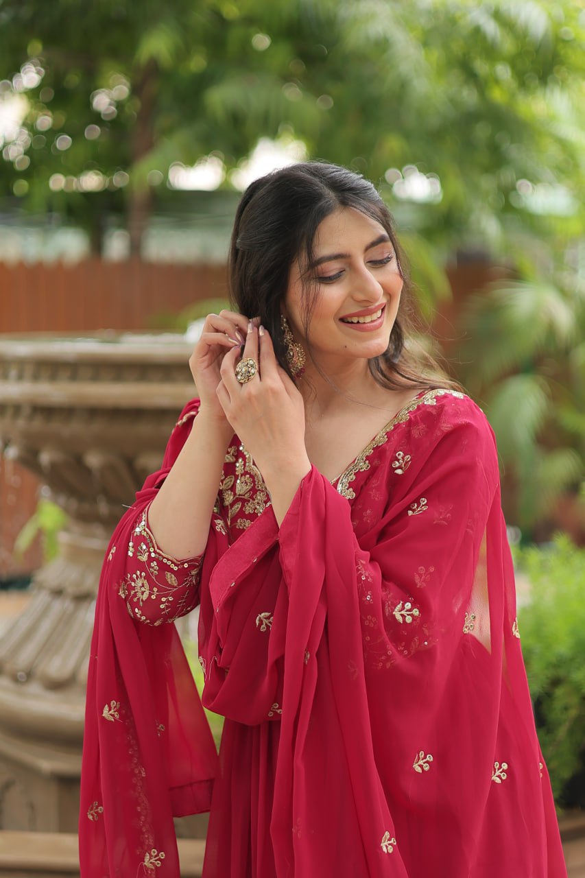 Pink Gown with Dupatta Faux Blooming & Sequins Embroidery