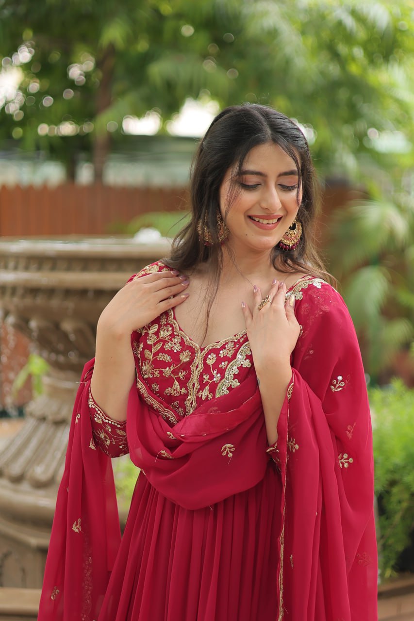 Pink Gown with Dupatta Faux Blooming & Sequins Embroidery
