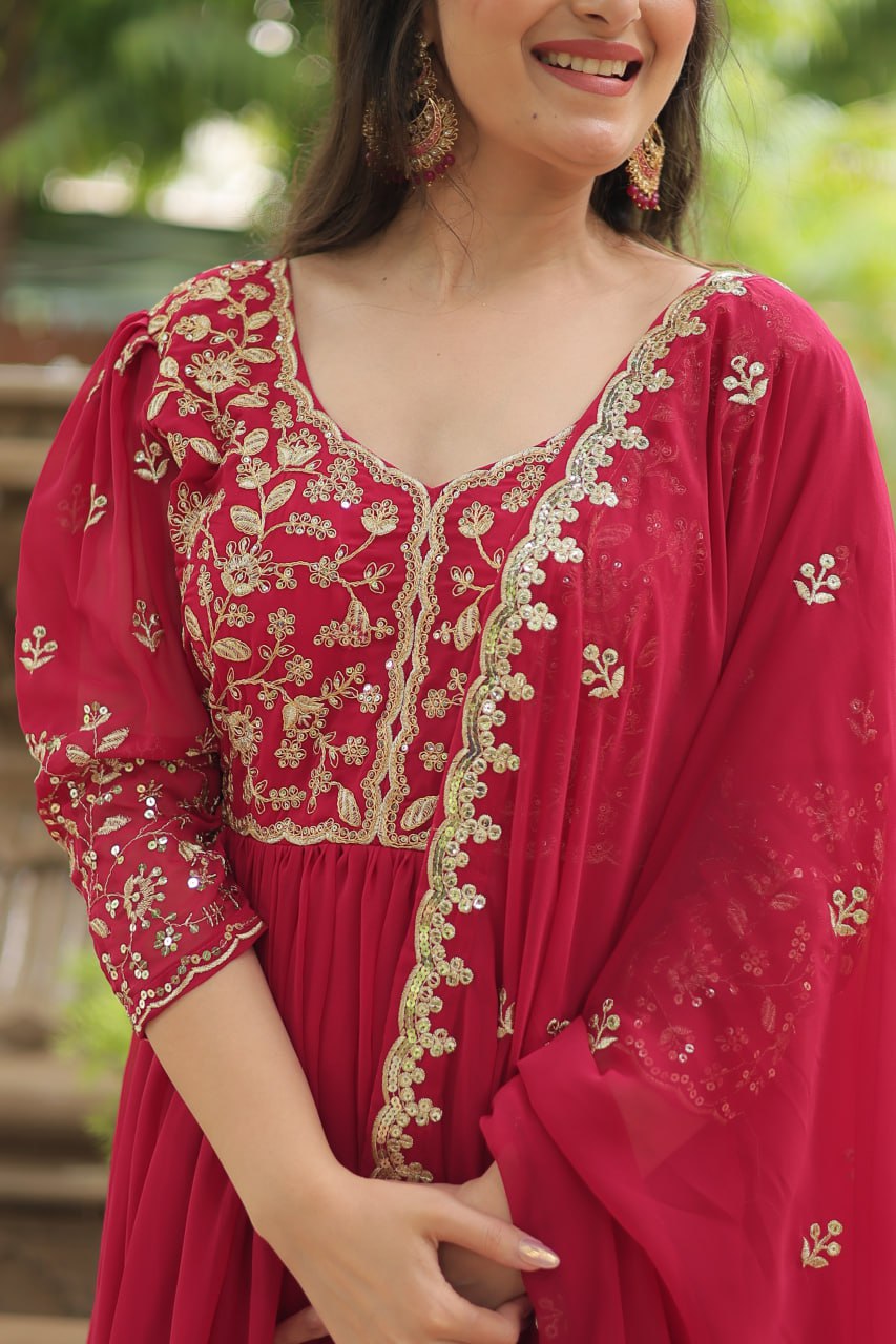 Pink Gown with Dupatta Faux Blooming & Sequins Embroidery