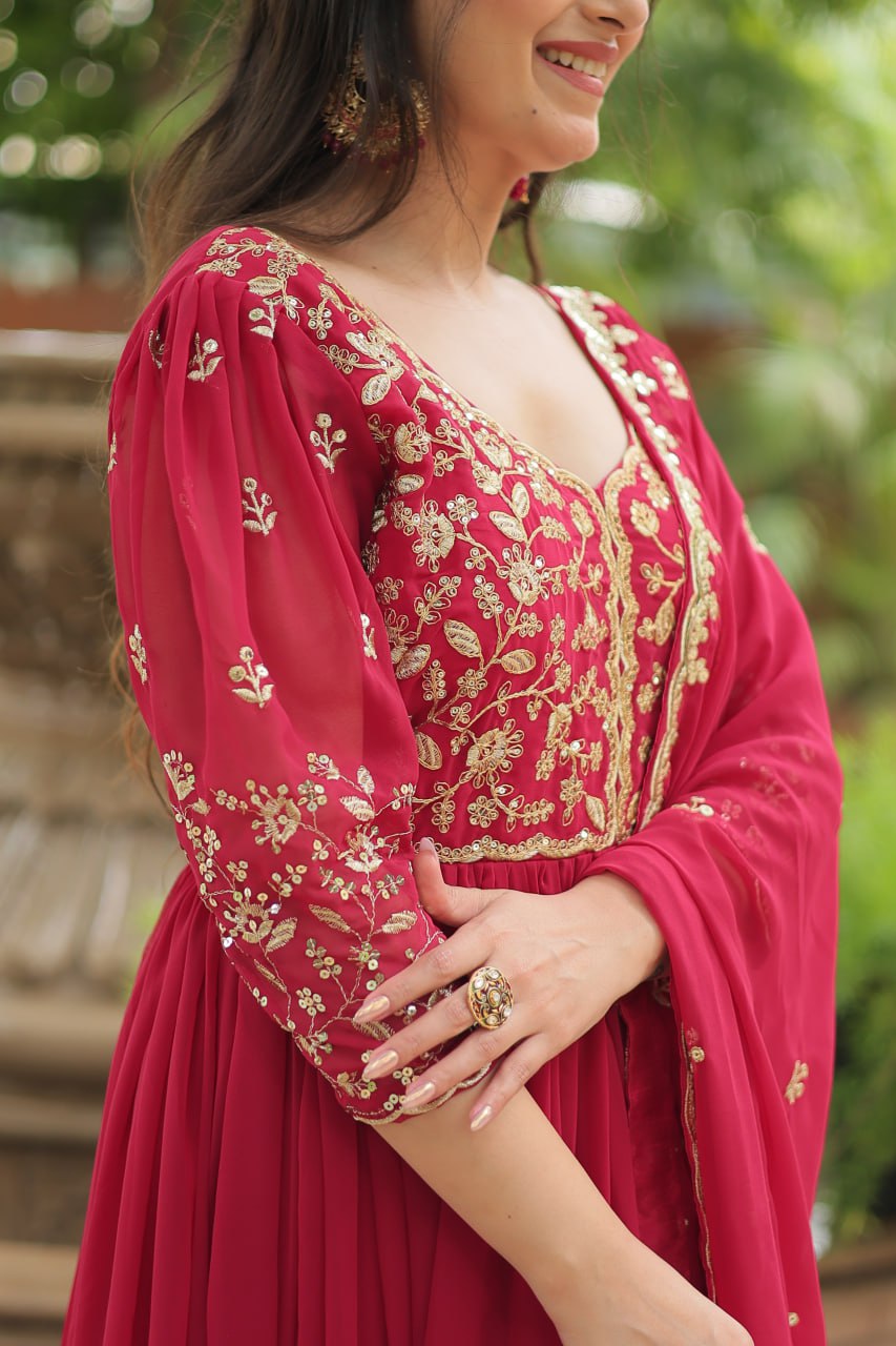 Pink Gown with Dupatta Faux Blooming & Sequins Embroidery