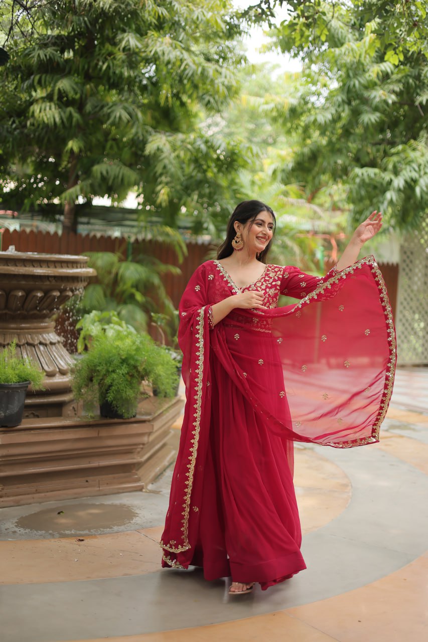 Pink Gown with Dupatta Faux Blooming & Sequins Embroidery