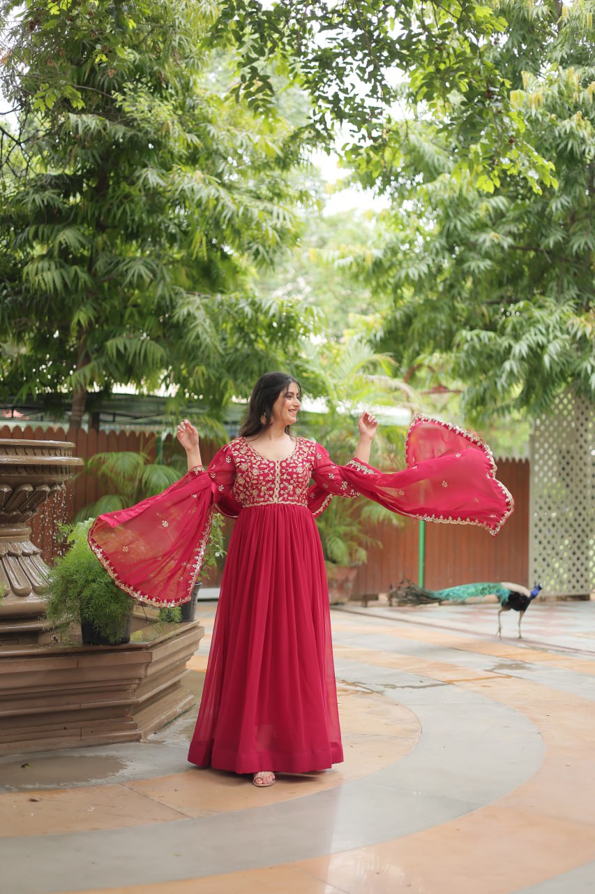 Pink Gown with Dupatta Faux Blooming & Sequins Embroidery