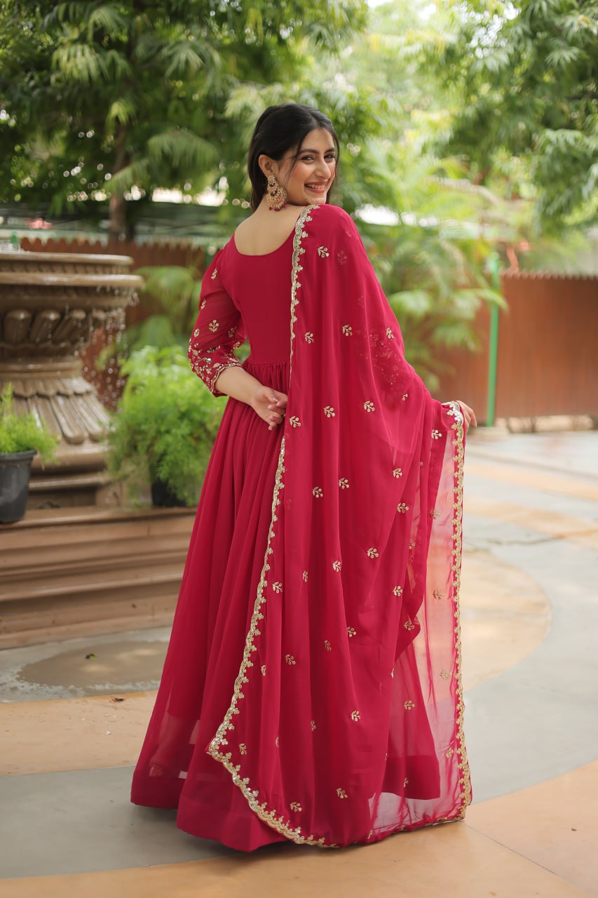 Pink Gown with Dupatta Faux Blooming & Sequins Embroidery