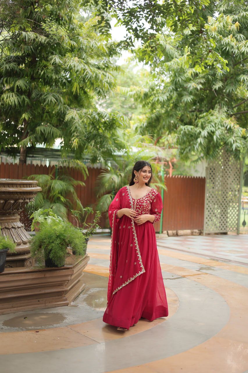 Pink Gown with Dupatta Faux Blooming & Sequins Embroidery