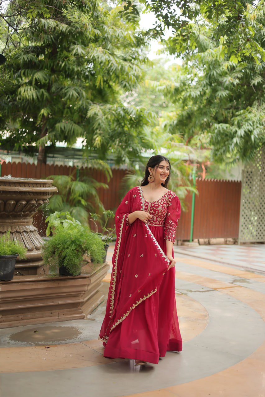 Pink Gown with Dupatta Faux Blooming & Sequins Embroidery