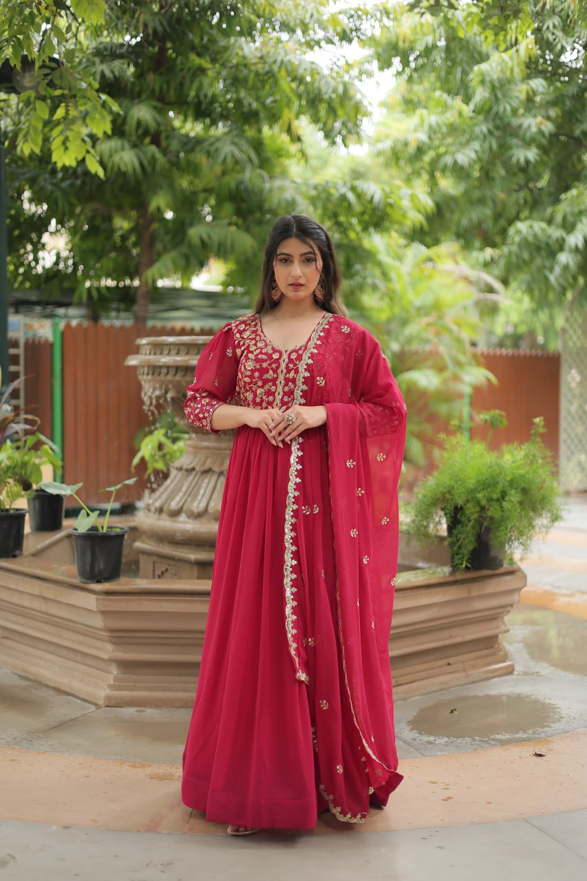 Pink Gown with Dupatta Faux Blooming & Sequins Embroidery