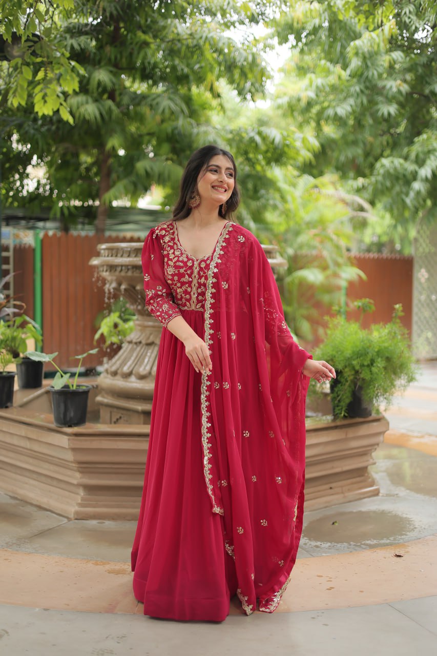 Pink Gown with Dupatta Faux Blooming & Sequins Embroidery