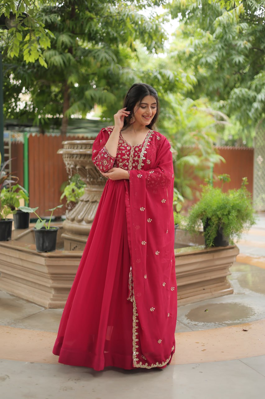 Pink Gown with Dupatta Faux Blooming & Sequins Embroidery