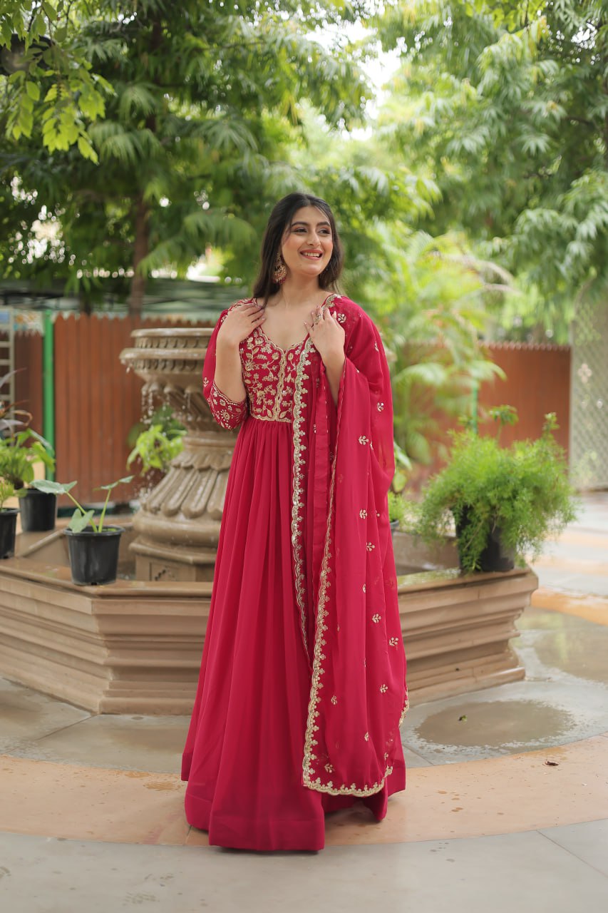 Pink Gown with Dupatta Faux Blooming & Sequins Embroidery