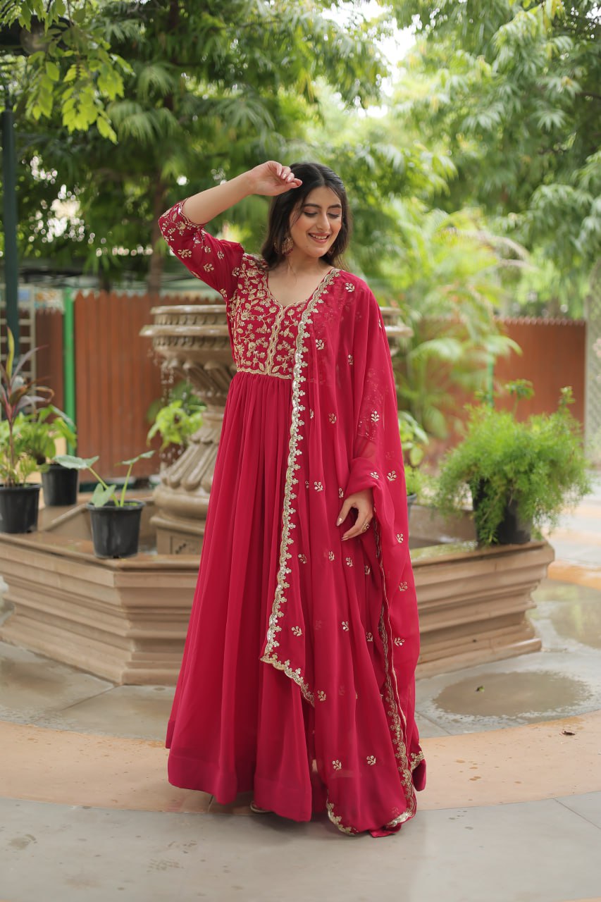 Pink Gown with Dupatta Faux Blooming & Sequins Embroidery