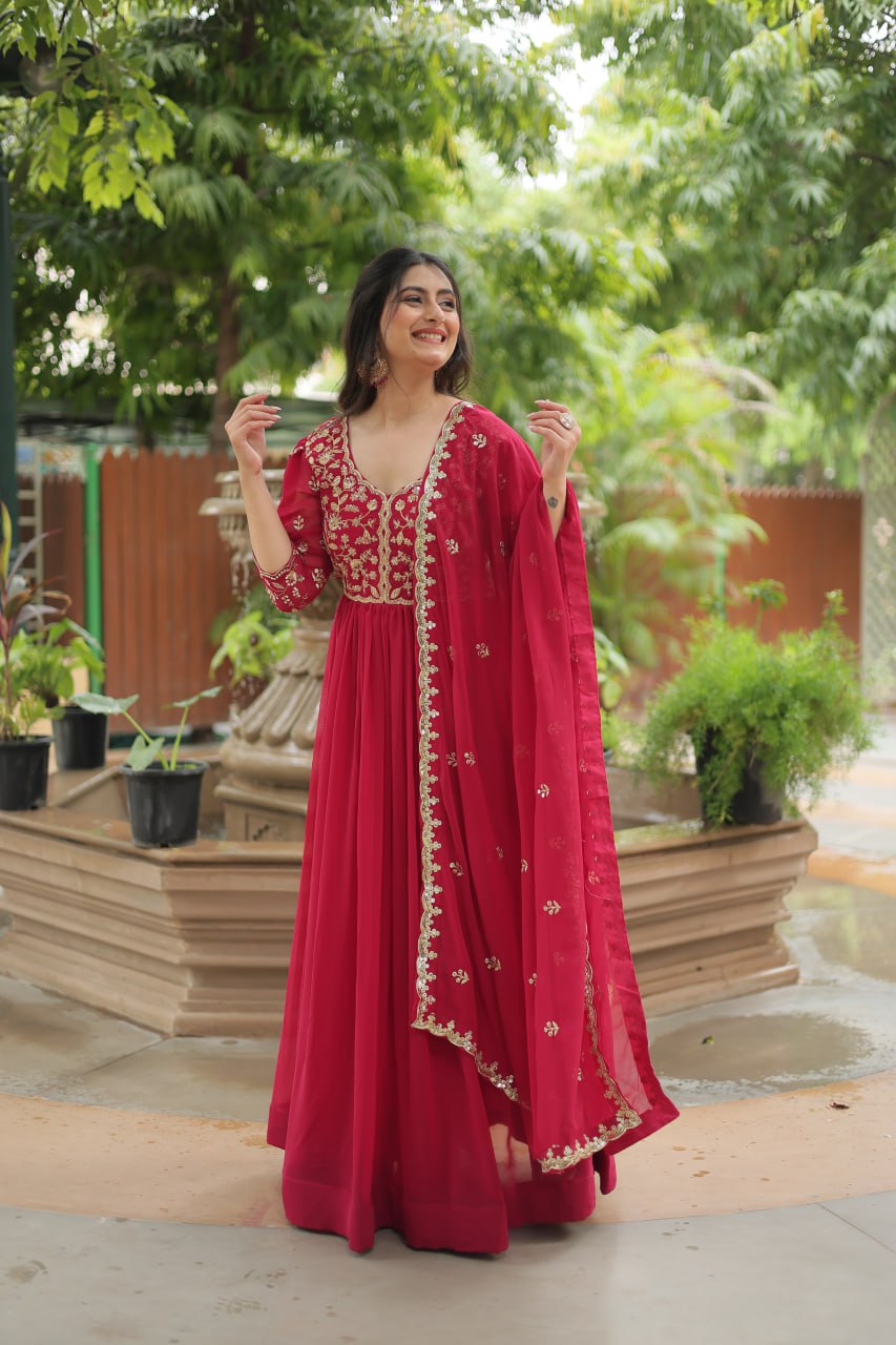 Pink Gown with Dupatta Faux Blooming & Sequins Embroidery
