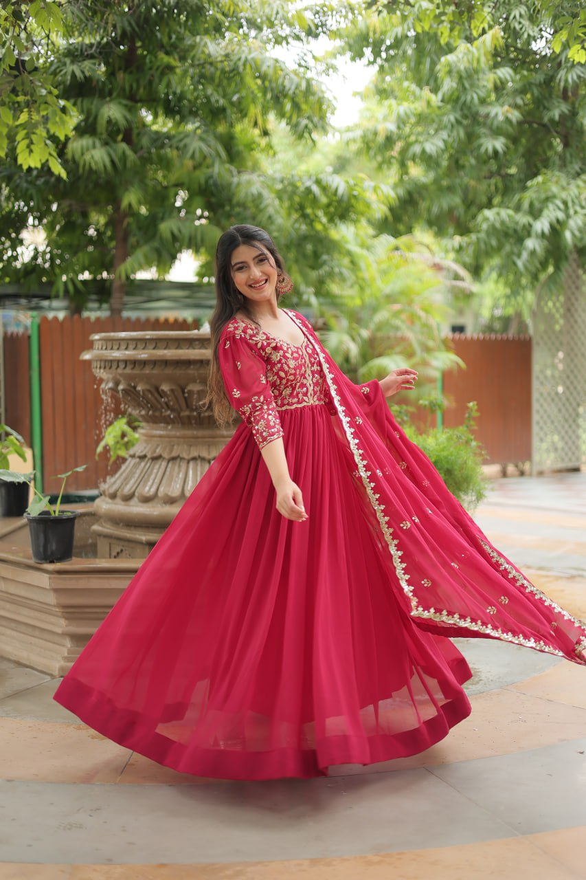 Pink Gown with Dupatta Faux Blooming & Sequins Embroidery