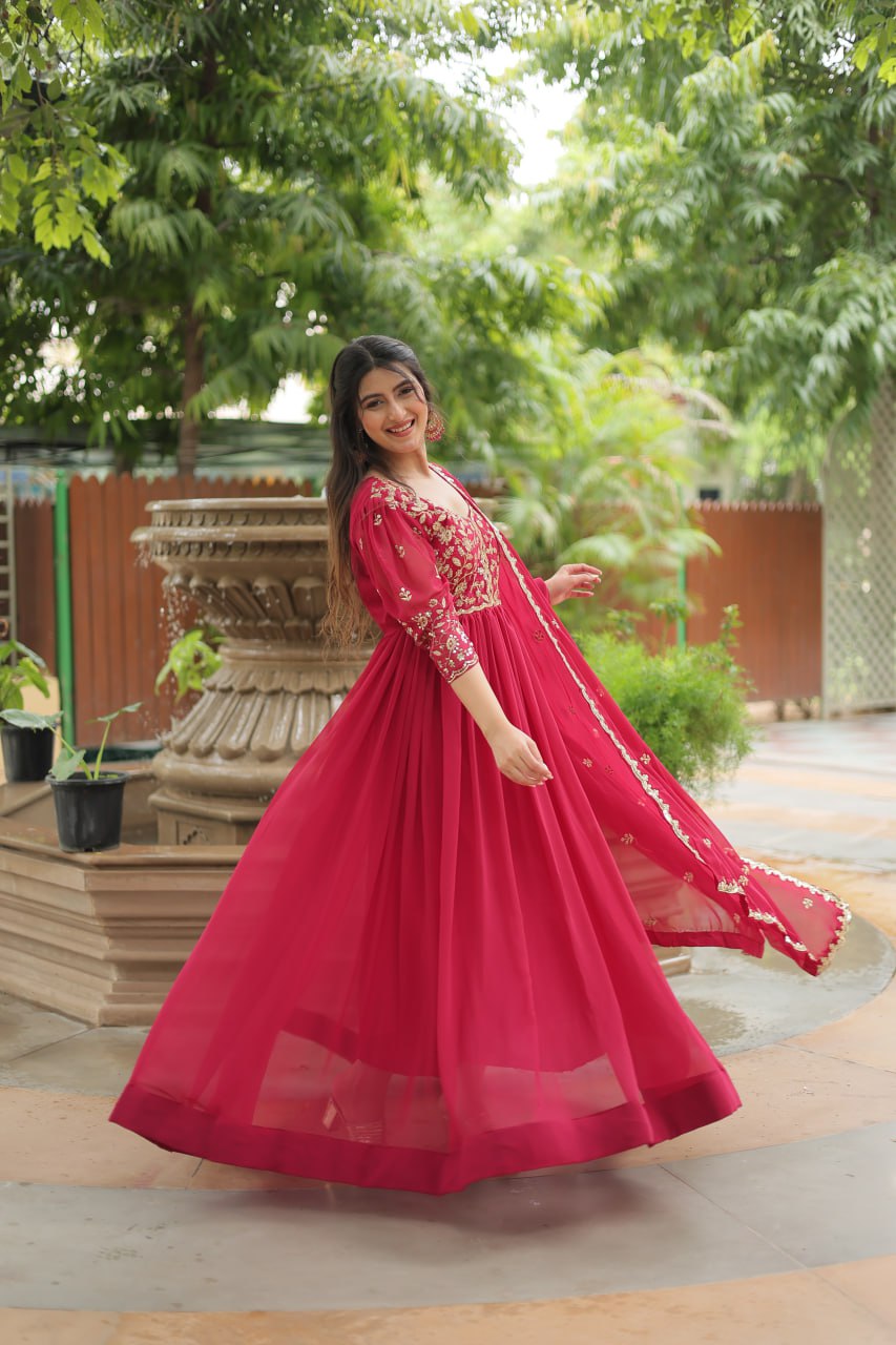 Pink Gown with Dupatta Faux Blooming & Sequins Embroidery