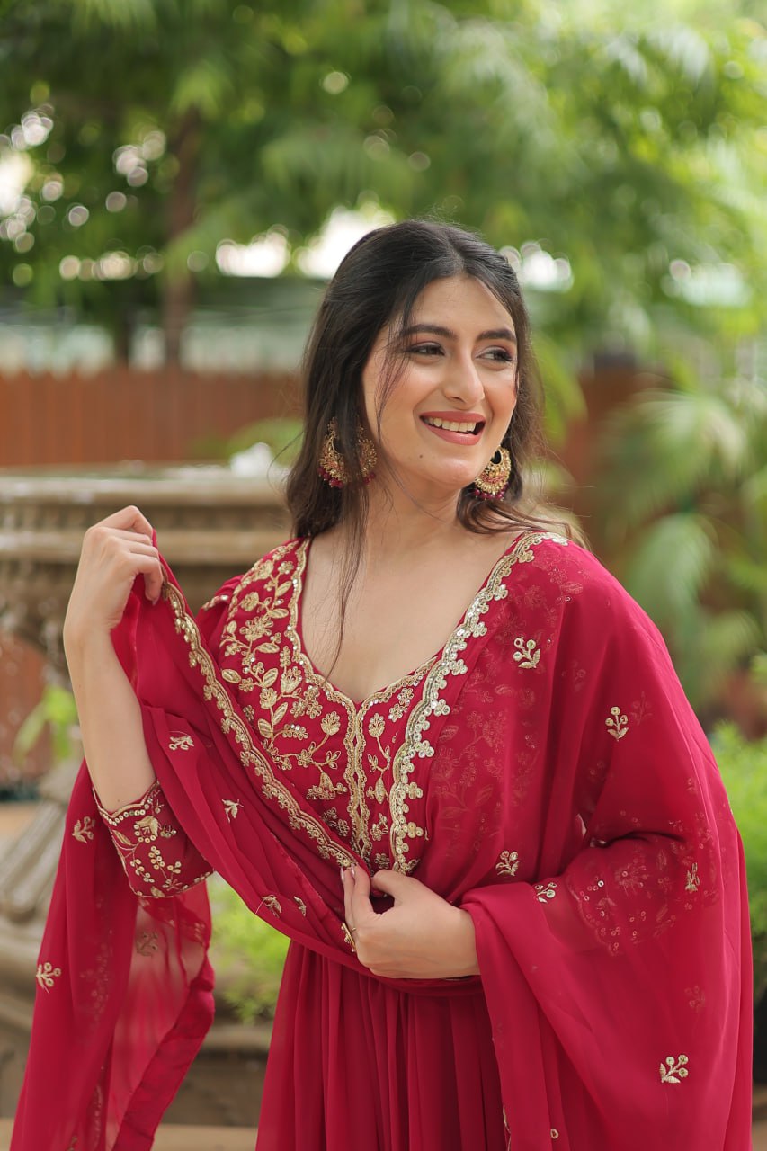 Pink Gown with Dupatta Faux Blooming & Sequins Embroidery