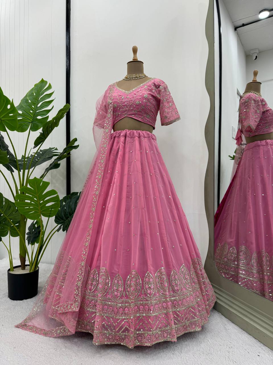 Pink Graceful Faux Georgette Semi-Stitched Lehenga Choli Set with Embroidered Butterfly Net Dupatta