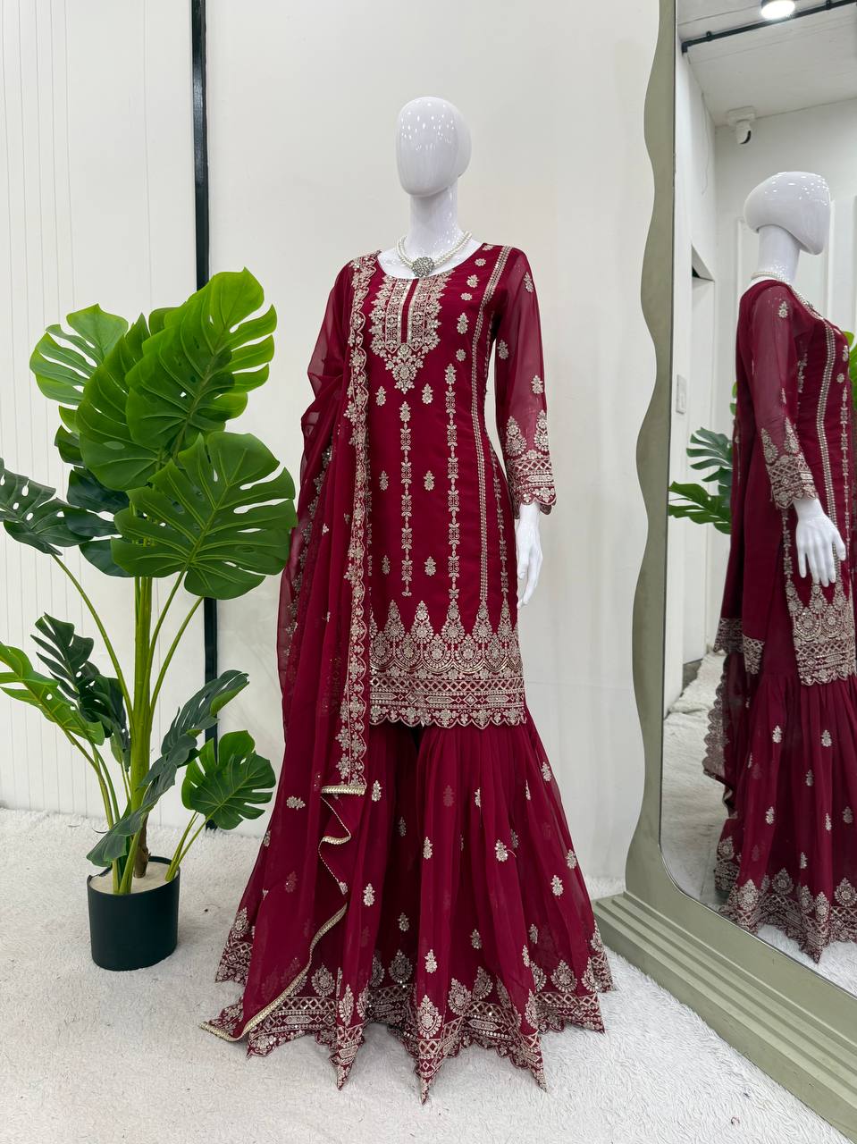 Pink Graceful Faux Georgette Sharara Set with Thread & Sequin Embroidery and Lace Border Dupatta