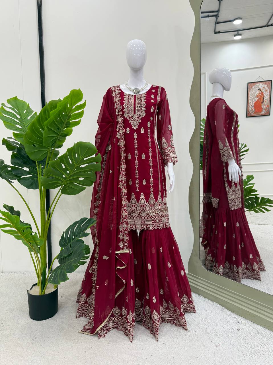 Pink Graceful Faux Georgette Sharara Set with Thread & Sequin Embroidery and Lace Border Dupatta
