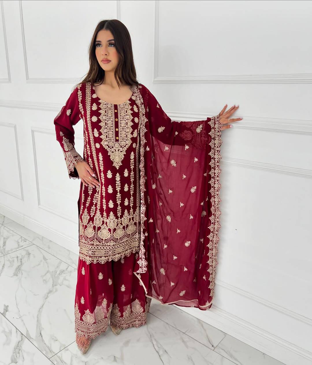 Pink Graceful Faux Georgette Sharara Set with Thread & Sequin Embroidery and Lace Border Dupatta
